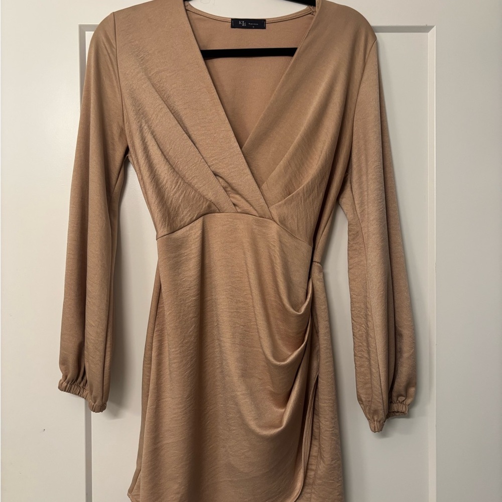 KLD Collection Champagne Taupe Long-Sleeve Draped Wrap Dress